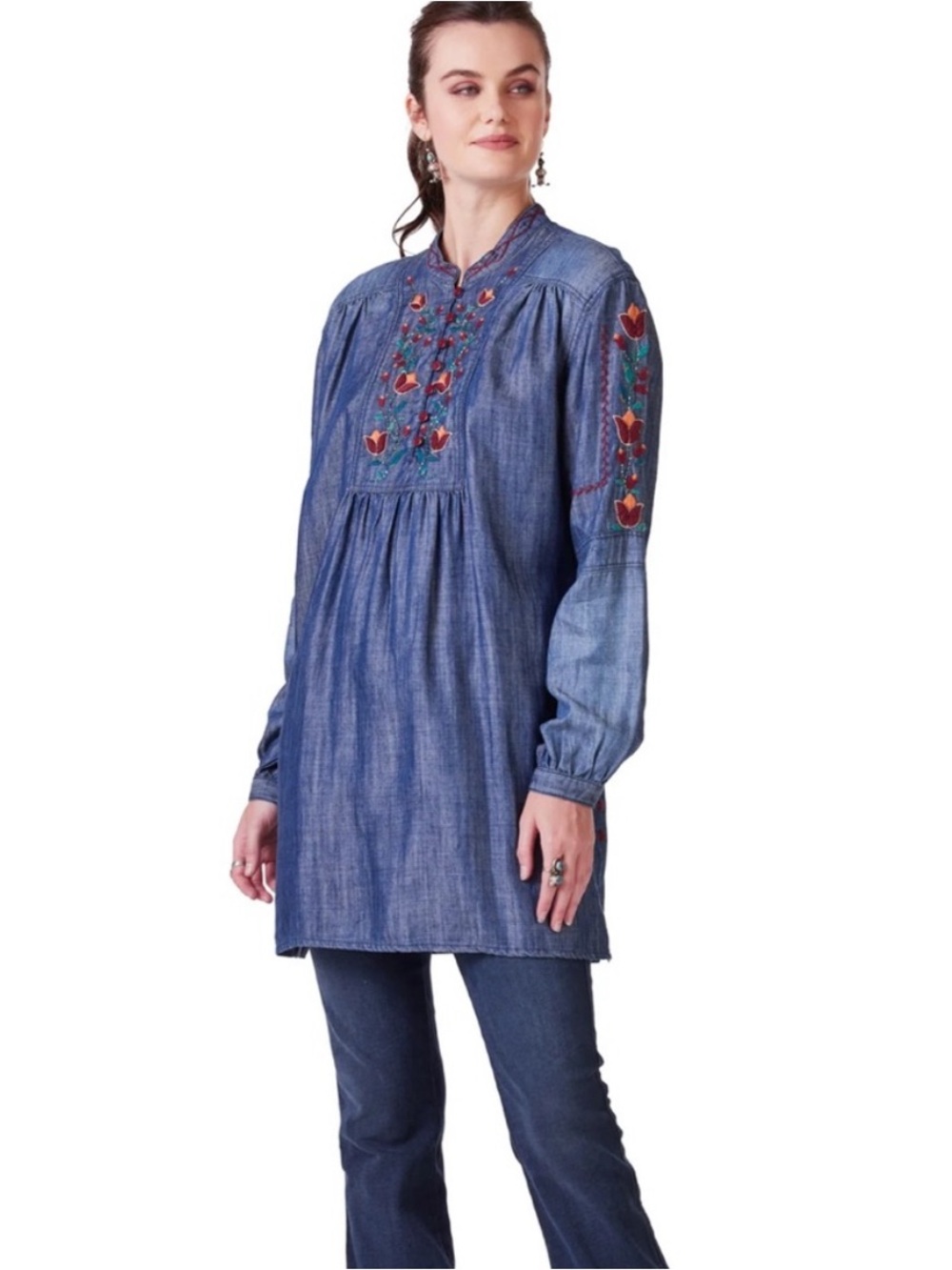 Double D Ranch Carrizo Canyon Tunic Embroidered Top Denim Blue 2X Western Boho